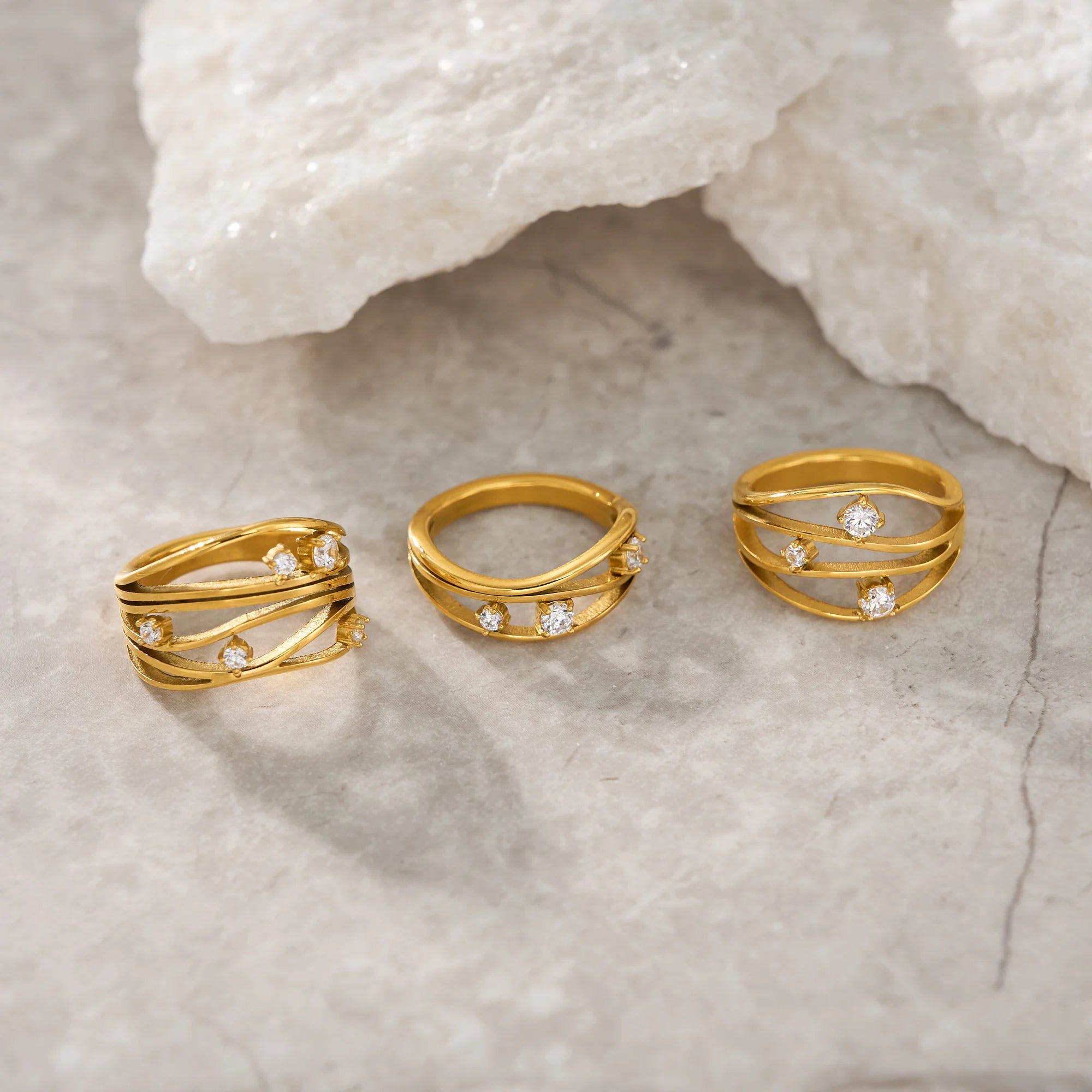 NEW SNAKE THREE LAYERS STAR ZIRCON VINE RING Dazan Winter HOT INS 18k PVD Gold Plated Stainless Steel Luxury Lady Jewelry Set