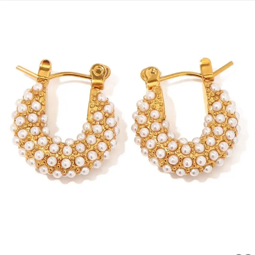 French Style Elegant Hoop Earring for Women 18K Gold Plated Stainless Steel Hoop Earring Pearl Handmade