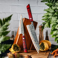 Grandsharp Professional Copper Damascus Carbon Steel Kitchen Knife Set Chef Kiritsuke Knife with Red Resin & Carbon Fiber Handle