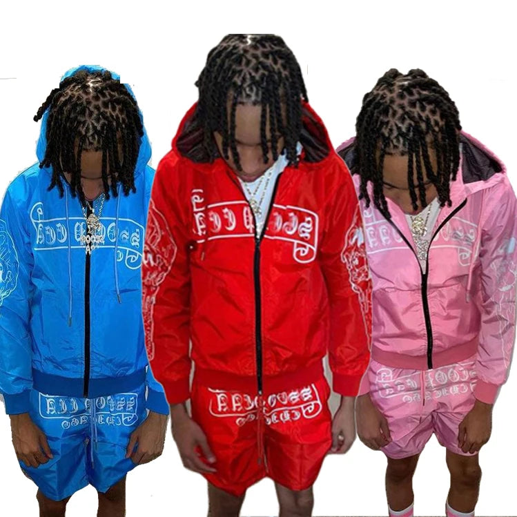 OEM Wind Breaker Sets Windproof Men Custom Polyester Track Suit Zipper Hoodie and Shorts Two Piece Set Tracksuit