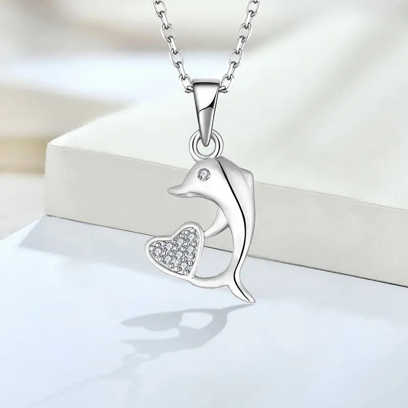 925 Sterling Silver 18K White Gold Plated Cz Dolphin Pendant Necklace for Girls