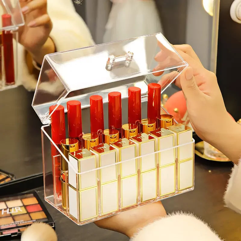 Hot Selling Dustproof Lid Holder Case Makeup Storage Container 18 Spaces Acrylic Lipstick Organizer