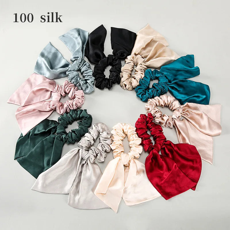 Luxury Soft Hair Tie 16 mm Mulberry Silk Elastic Chiffon Hair Ribbon Scrunchies with Bow Knot