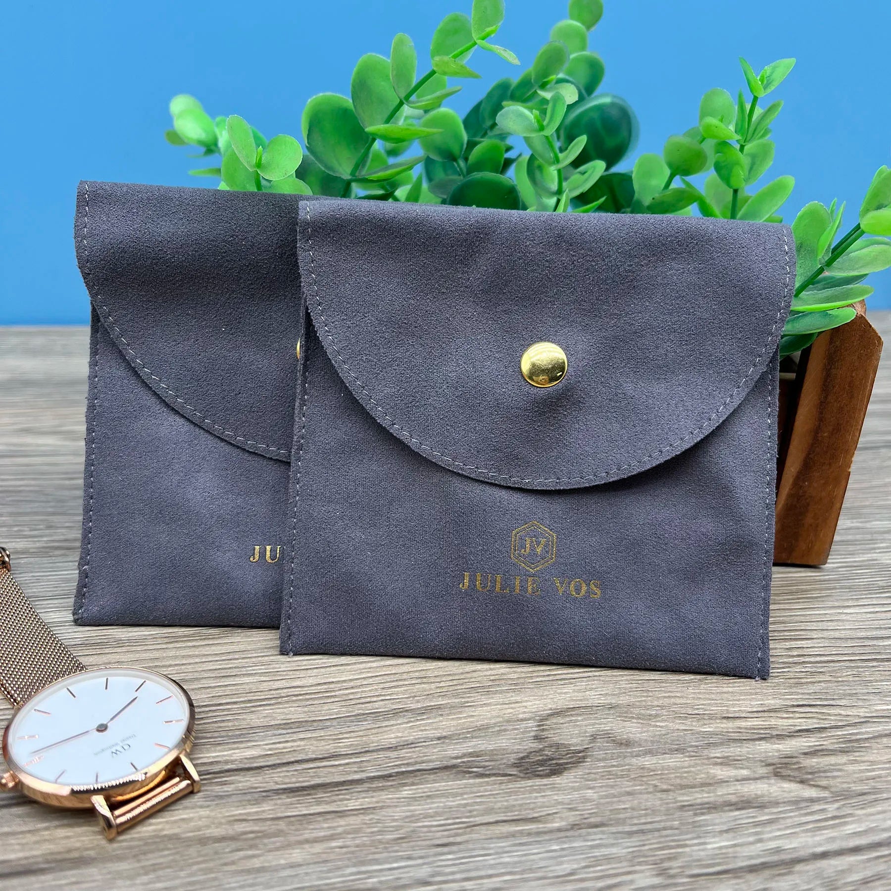 JUNE  Hot Stamping Logo Faux Suede Flap Snap Envelope Jewelry Dust Pouch