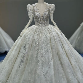 Luxury Beaded Sweetheart Long Sleeve Sparkling Princess Ball Gown Victorian Royal Wedding Dress With Cathedral Xs017