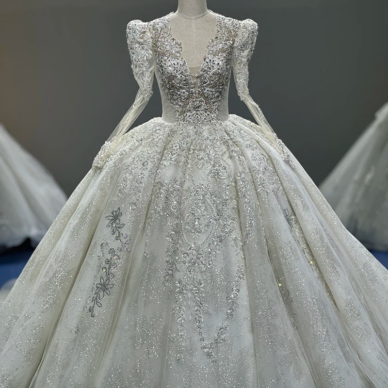 Luxury Beaded Sweetheart Long Sleeve Sparkling Princess Ball Gown Victorian Royal Wedding Dress With Cathedral Xs017