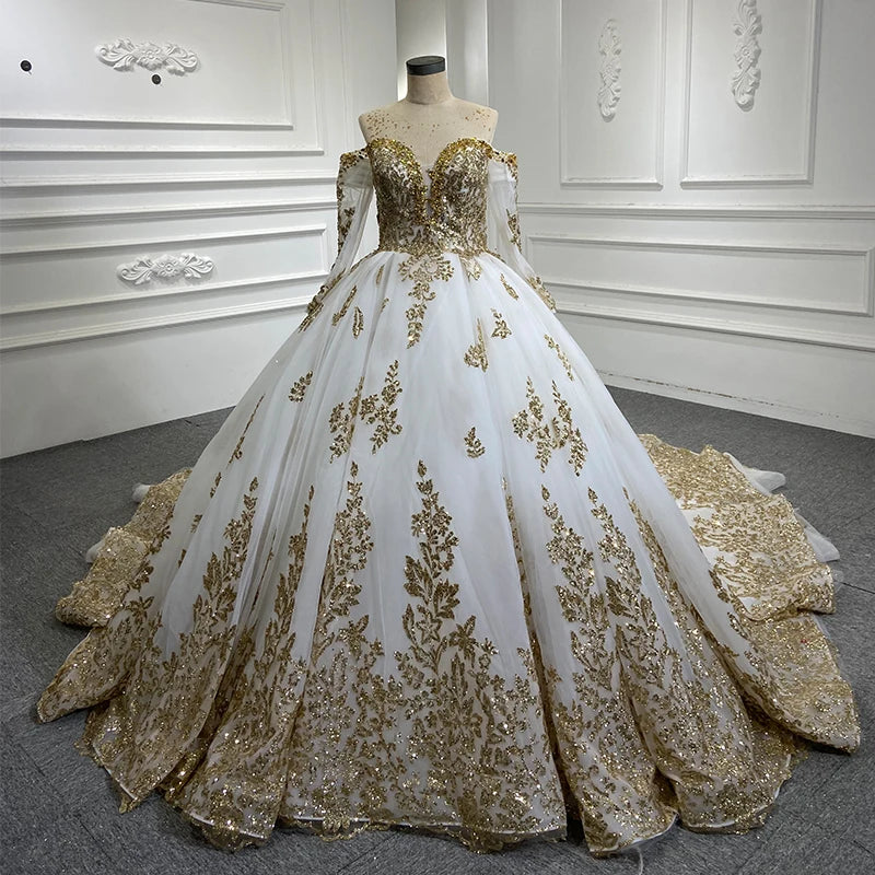 Rsm 66949 Custom Made Gold Lace Appliqued  Evening Dresses 2022 With Long Sleeves Middle East Dubai Arabia Prom