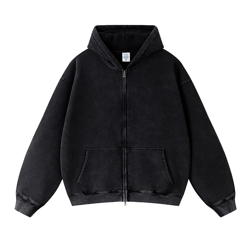 Men's Sweatshirt Cardigan Padded Thickened Zipper Jacket 360G Washed Vintage Batik Casual Hoodie  Washed Sweater Hooded