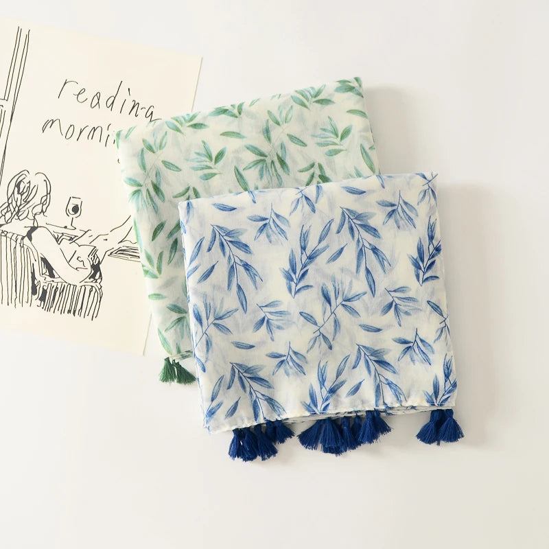 Newest Design 2024 Summer Fashion Blue Green Leaf Pattern Shawls for Women Stylish Breathable Cotton Voile Printed Scarf Hijabs