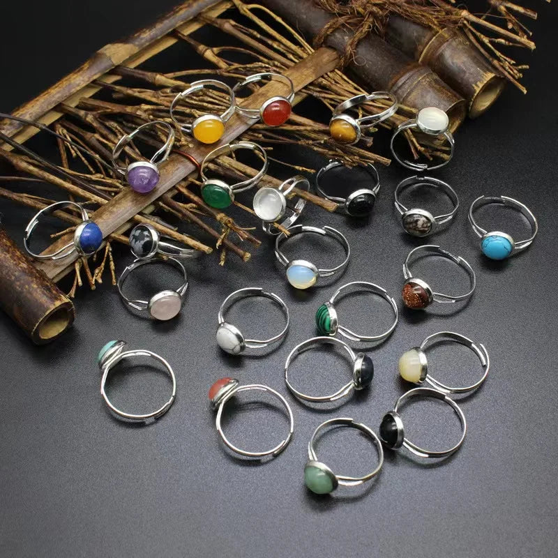 Silver Plated Round Natural Gemstone Rose Quartz Amethyst Tiger Eye Adjustable Finger Ring for Women Men