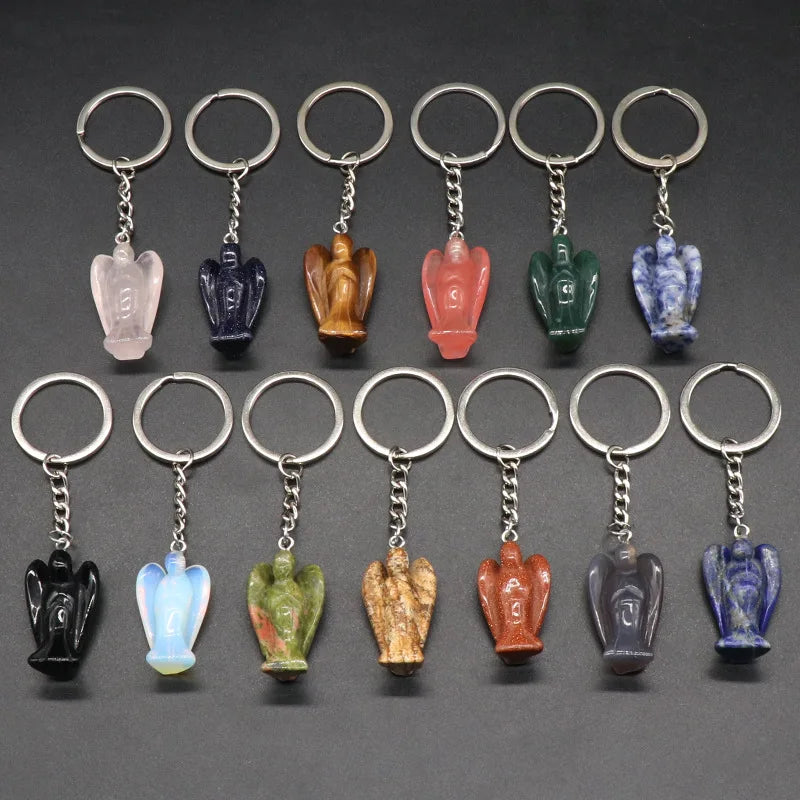 Natural Agate Stone Carved Angel Keychain Healing Crystal Guardian Angel Mobile Phone Bag Pendant for Party Gift