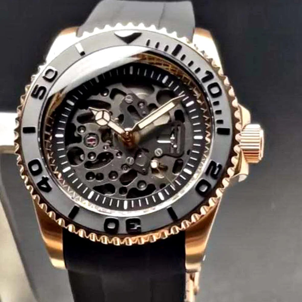 Diver Rose Gold Mechanical Watch Men SUB Skeleton Hollow SEIK NH72 Movement 200m Waterproof Silicone Watches Curved Rubber Band