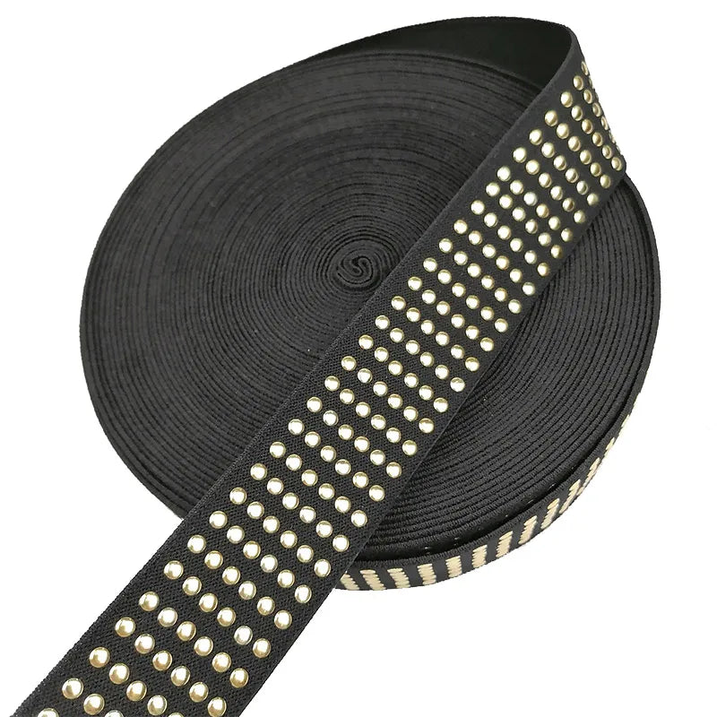 Wholesale Metal Trimming Elastic Webbing Rock Style Elastic Band With Golden Studs for Garment DIY Crafts Sewing Projects