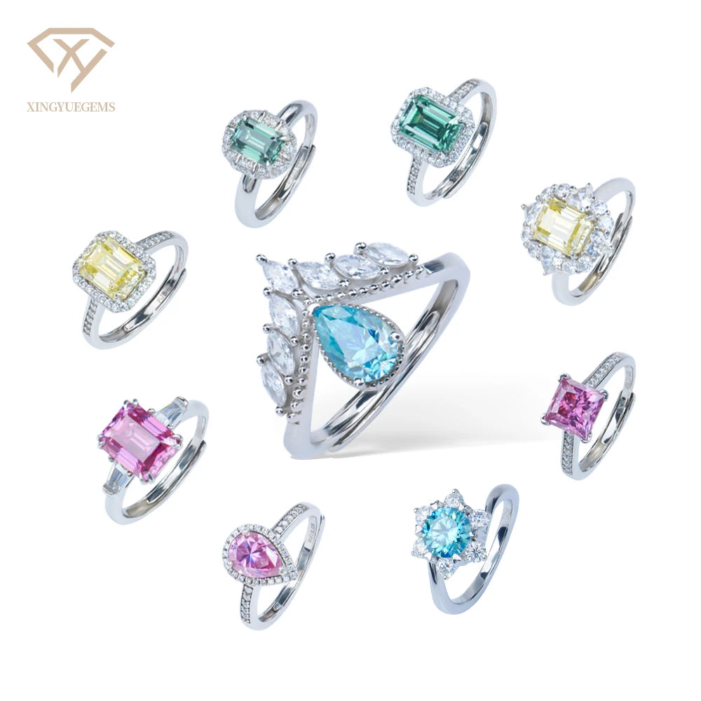 Competitive Price 925 Silver Wedding Engagement Pear Emerald Shape Cut Blue Green Yellow pink Moissanite Diamond Colored Ring