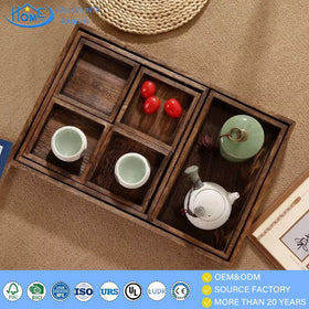 Rustic Divided Wooden Dry Fruits Tray with 6 Compartments Nested Snack Serving Tray for Ramadan Party Holiday Decor