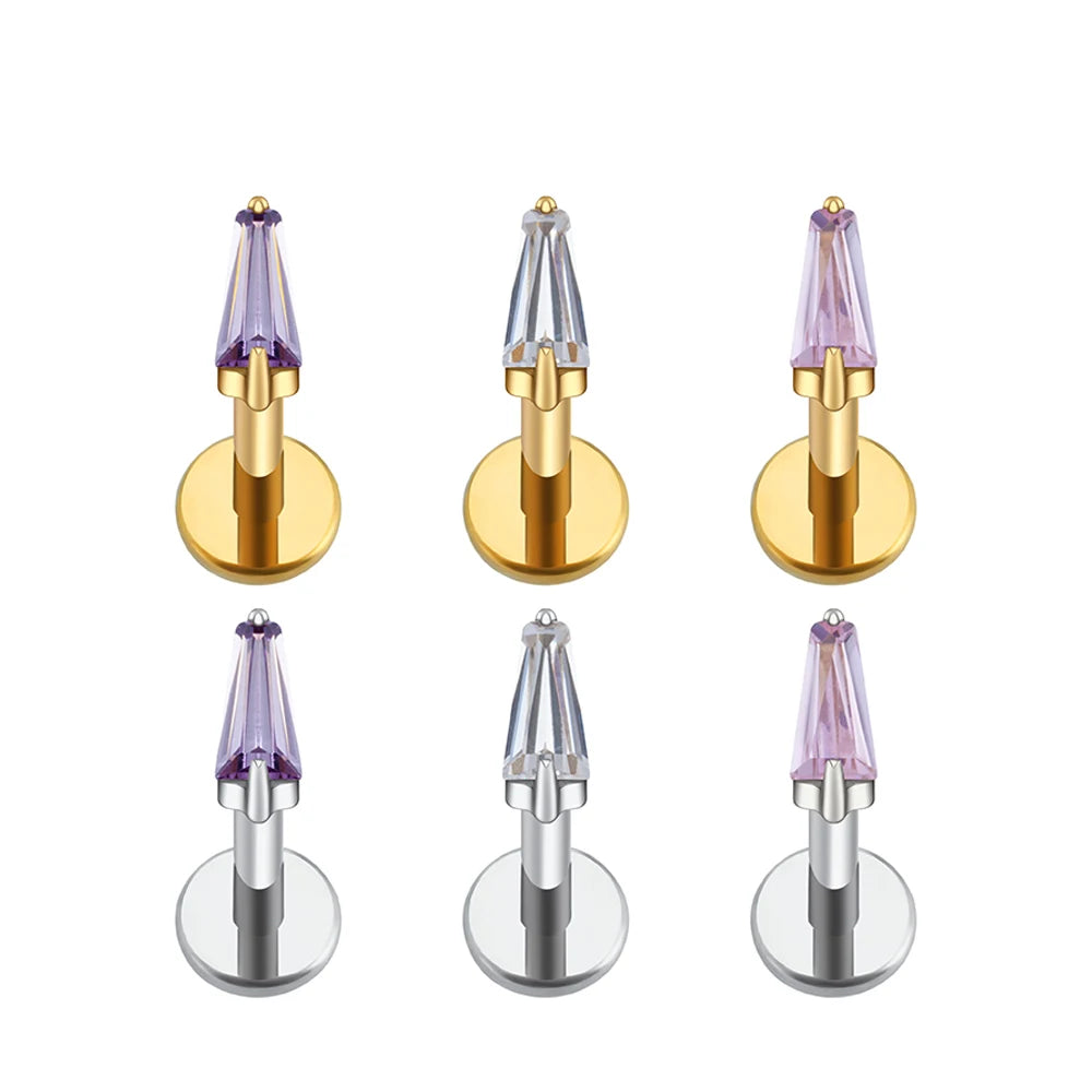 Right Grand ASTM F136 Titanium 16G Trapezoid CZ Labret Stud Earring Geometric Tragus Helix Cartilage Ear Lobe Piercing