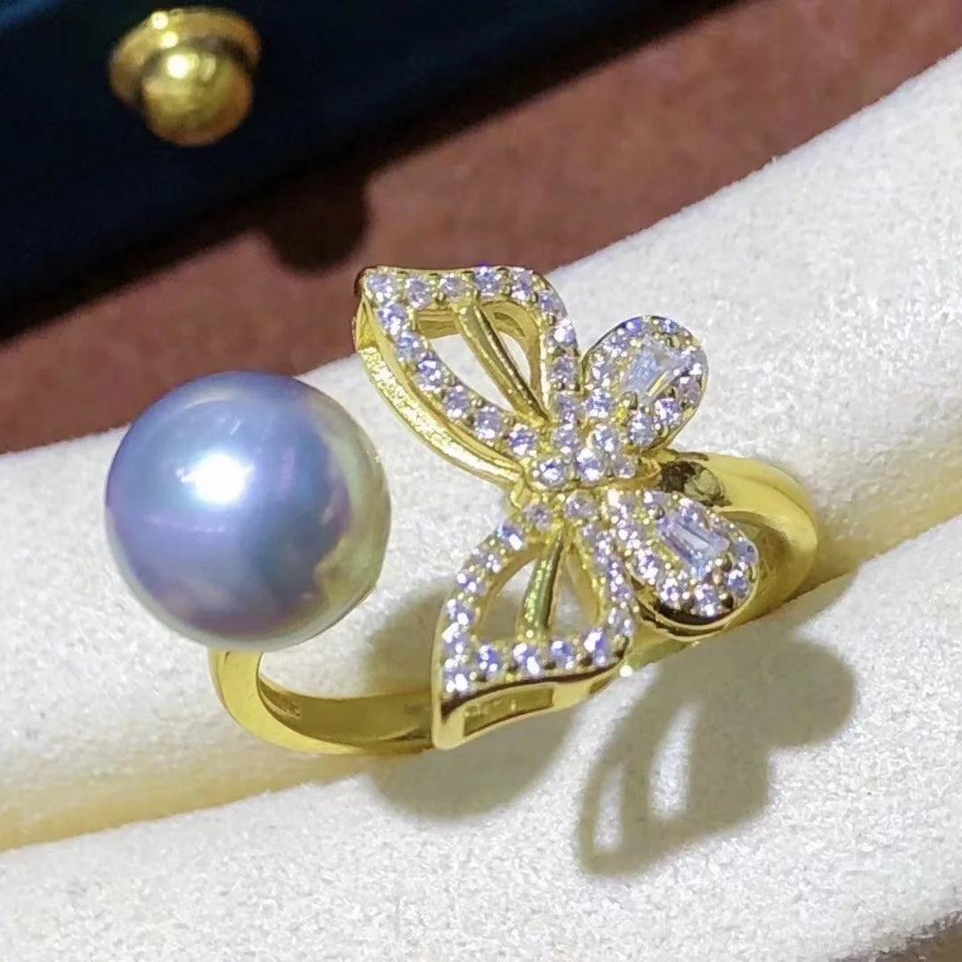 R827 8-9mm Natural Freshwater Pearl Ring Accessory 925 Sterling Silver Adjustable Size Engagement Jewelry Ring for Women