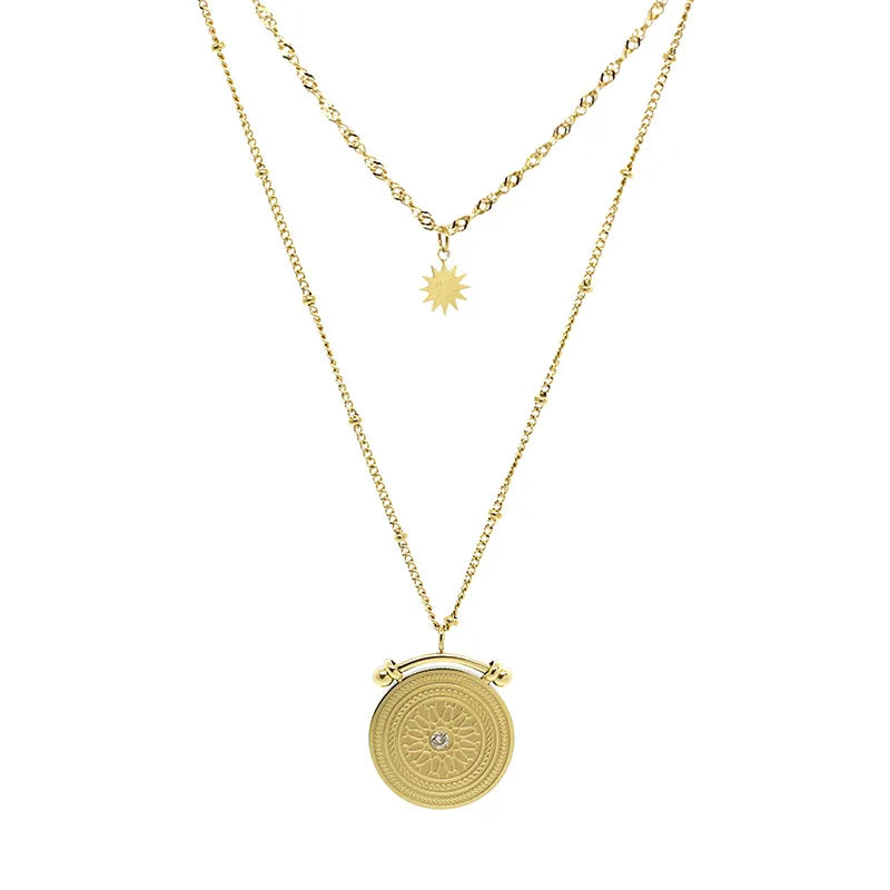 Wholesale INS Double Layered 316L Stainless Steel Stainless Steel Star Zircon Round Texture Pendant Necklace