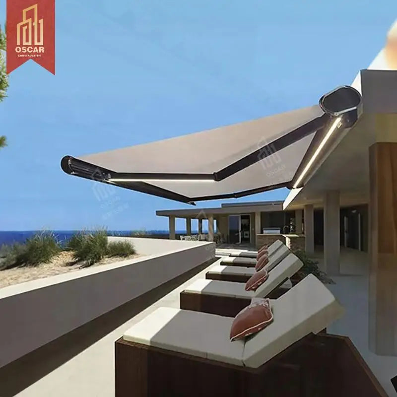 Big Retractable Aluminum Spain Acrylic Full Cassette Wind Sensor Waterproof Sunshade Garden Patio Poolside Awning