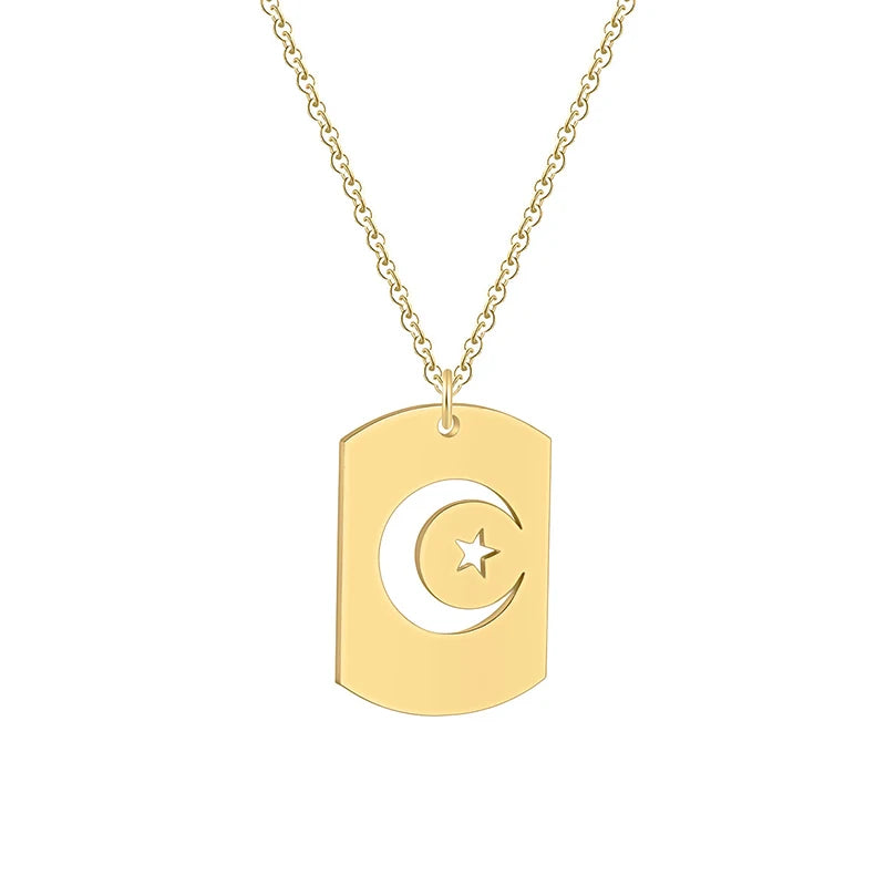 Fashion Islamic 18K Gold Crescent Moon and Star Dog Tag Pendant Necklace Custom Cut-out Dog Tag Pendant Necklace for Men Women