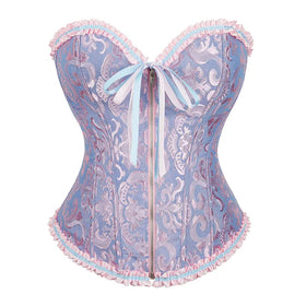 Special Offer Blue Corset Floral Womens Bustier With G-String Waist Trainer Satin Corselet Corset