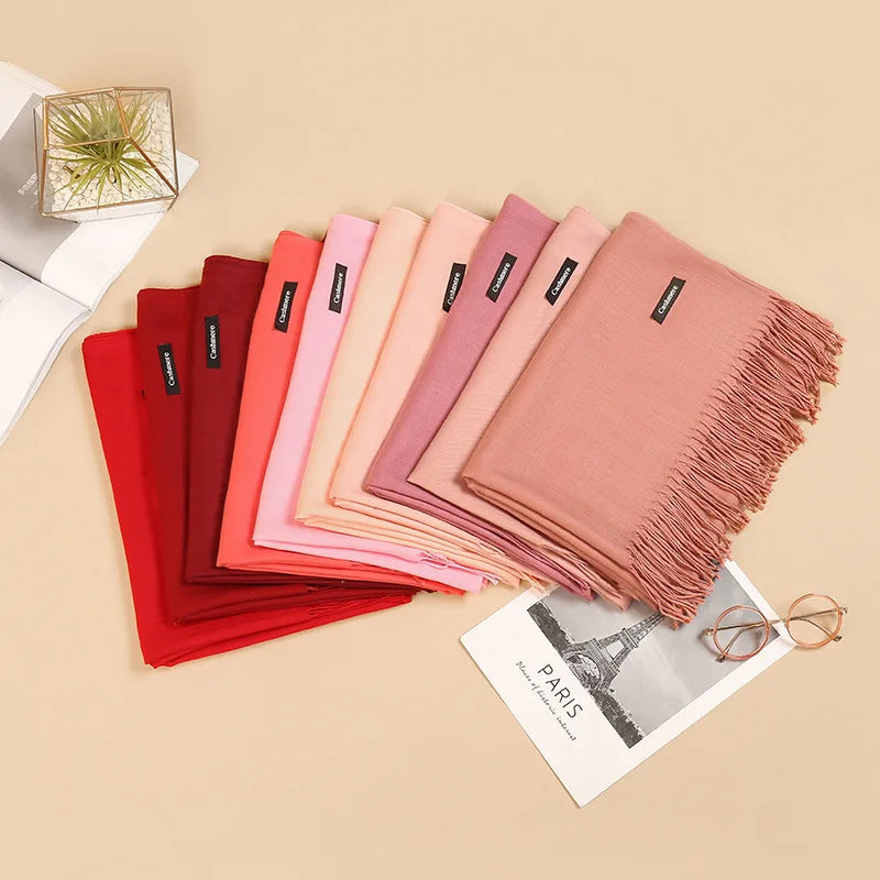 Fashion Soft Winter Soft Pashmina Scarf Lady Stylish Plain Woven Women Tassel Polyester Cashmere Feeling Shawl