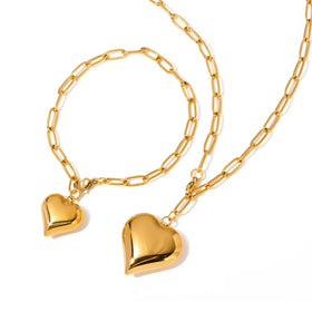 BJG0366N 0149B 18K Gold Plated Stainless Steel Hip Hop Jewelry Set Wedding Heart Necklace & Bracelet Fashionable Durable