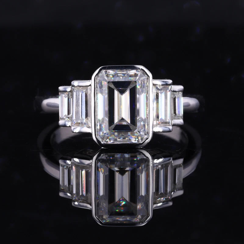 Fancy Shinny White Moissanite Emerald Cut 14K White Gold Rings for Women