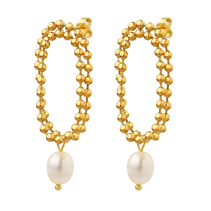 Fashion Freshwater Pearl Bead Chain Double Layer Earrings Women Stainless Steel Earrings