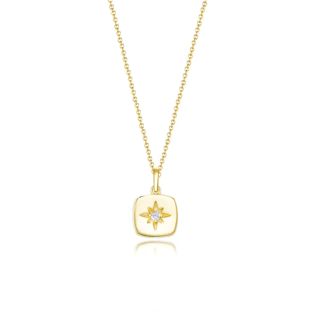 INS 925 Sterling Silver Necklaces Octagram Eight-pointed Star Zircon square Pendant Gold Plated Necklaces for Women