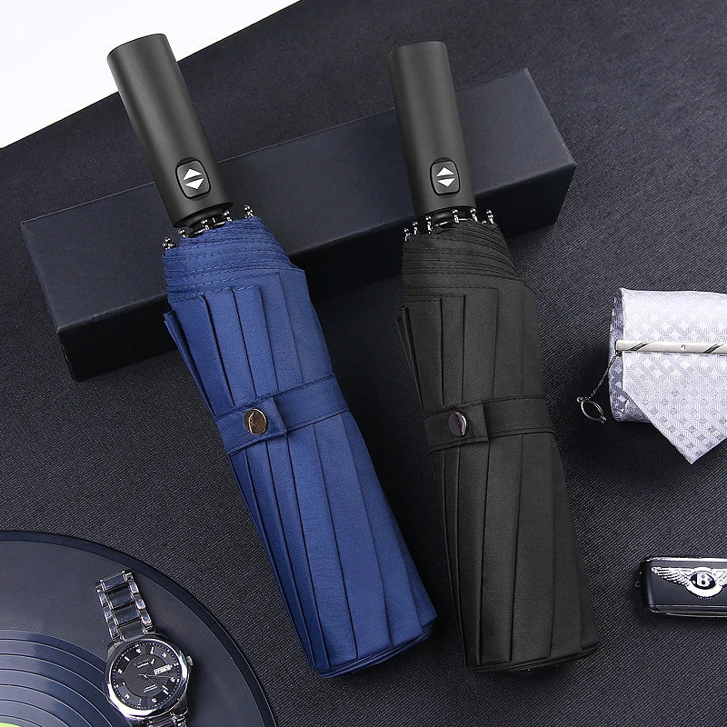 Advertising Umbrella Full Automatic Sunny and Rainy Folding with Custom Logo Digital Printing Popular 19 Inch Black Blue Plastic