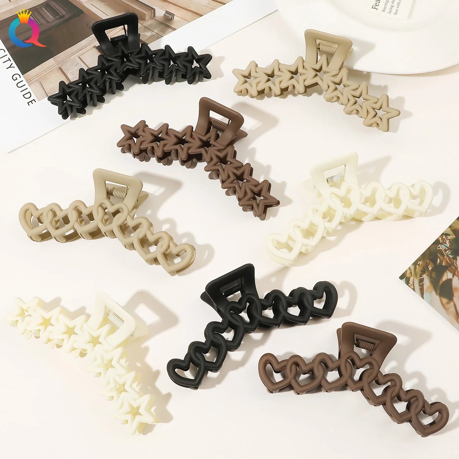 QIYUE Seven Star or love Heart Shape Large Matte Hair Claw Clip for Women