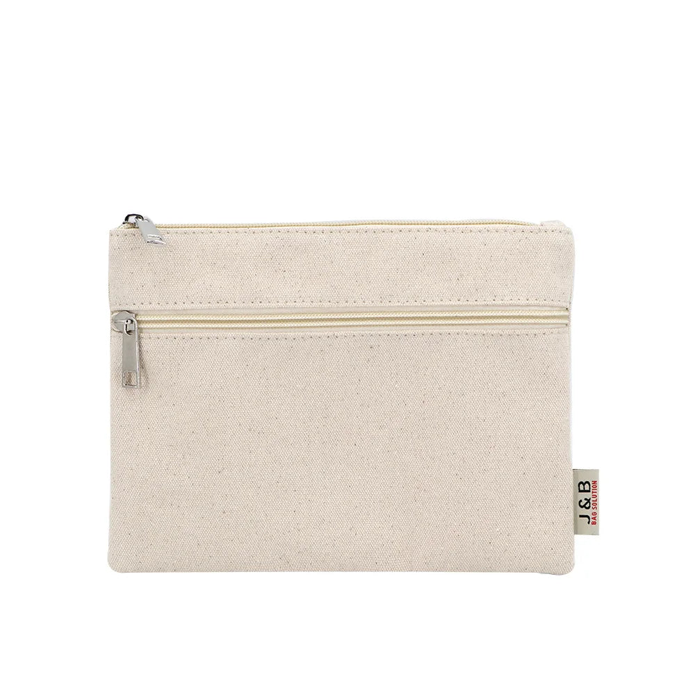 Designed Cotton Canvas Makeup Bag Natural Material Double Zipper Pouch logo Custom Canvas Makeup Bag Zip Gift Pouch