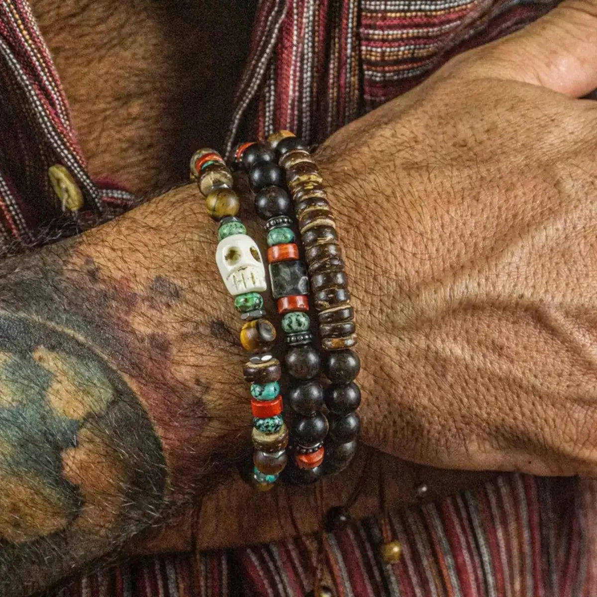 Vintage Layer Handmade Wood Beaded Bracelet Coconut Shell Skull Stretch Bracelet Men Women Summer Party Fashion Jewelry