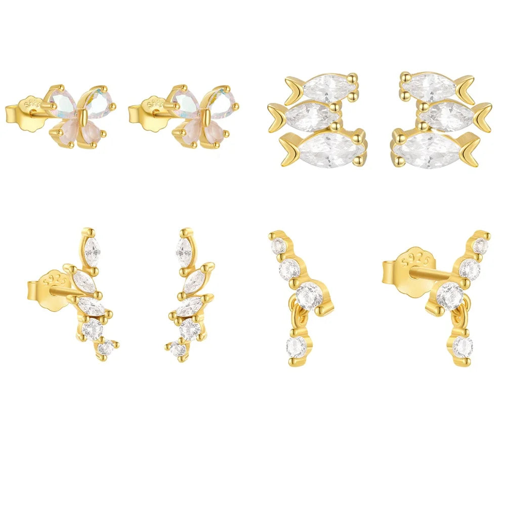 Europe and America Fashion 925 Sterling Silver Bow Small Fish Shape Zircon Set Gold Plated Stud Earring Jewelry for Women
