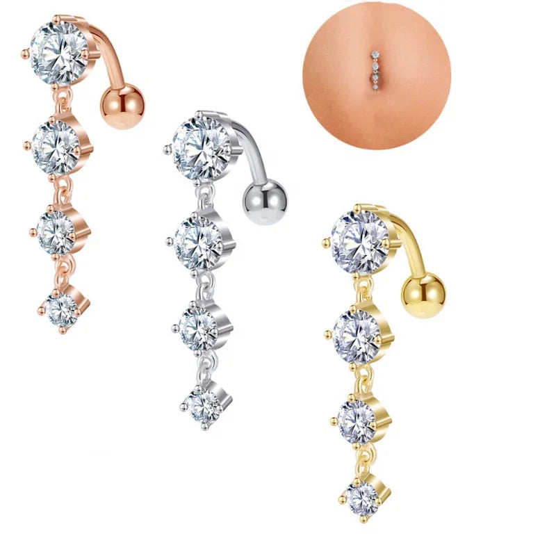 Gaby New Long Dangle round Stone Surgical Steel Belly Piercing Ring Gold Plated Body Piercing Jewelry Wholesale