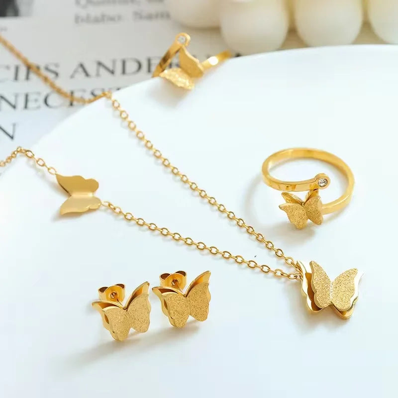 Butterfly Necklace Set Wholesale Fashion Stainless Steel Jewelry Set Butterfly Gold Plated Waterproof Jewelry Set for Women