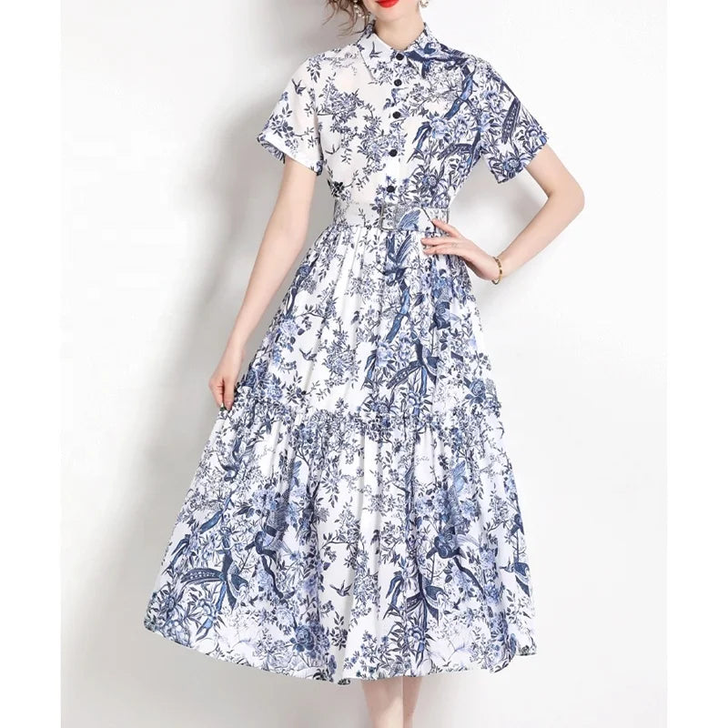 Summer New Plus Size Slim Slim Ink Print Dress Women's Medium Length Large Swing Short Sleeve Shirt Long Dress