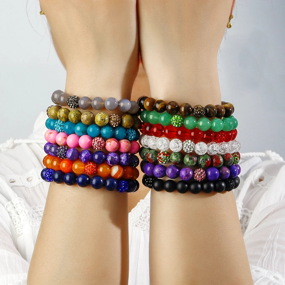 New Fashion Simple Women's Jewelry 10mm Tiger-eye Green Aventurine Multicolor Natural Stone Shiny Clay Ball Elastic Bracelet