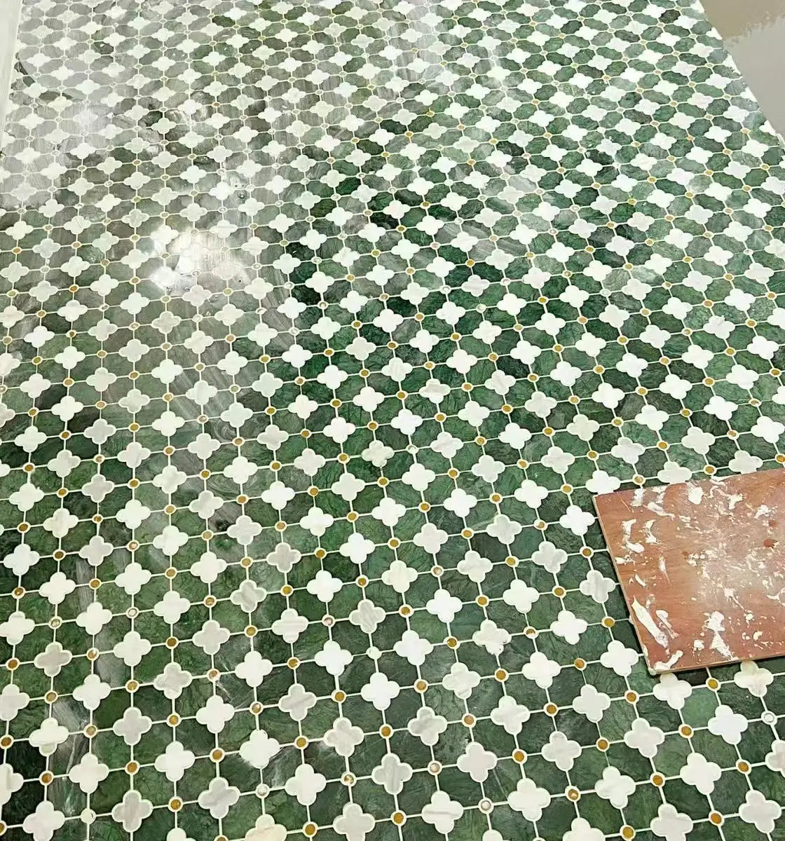 Modern 10mm DTH Clover Verde Dark Green Marble Mosaic Tiles Parquet Interior Walls Polished Surface Top Grade Customized Pattern