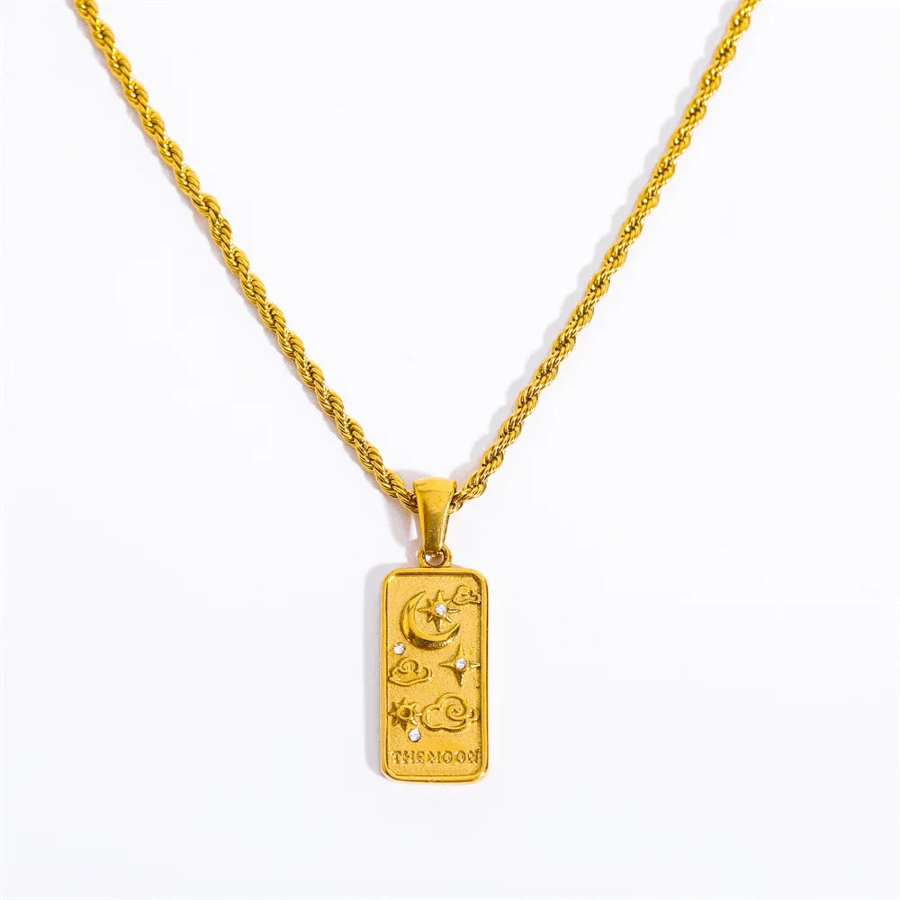 European INS-Style Retro 3D Tarot Square Pendant Necklace Stainless Steel 18K Gold Twisted Chain Zircon Trendy Commuter Parties