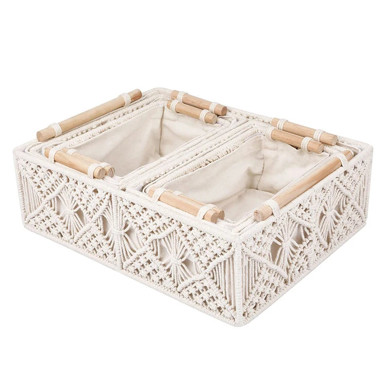 3PCS Handmade Woven Decorative Counter Top Toilet Tank Shelf Cabinet Organizer Boho Decor Storage Macrame Basket