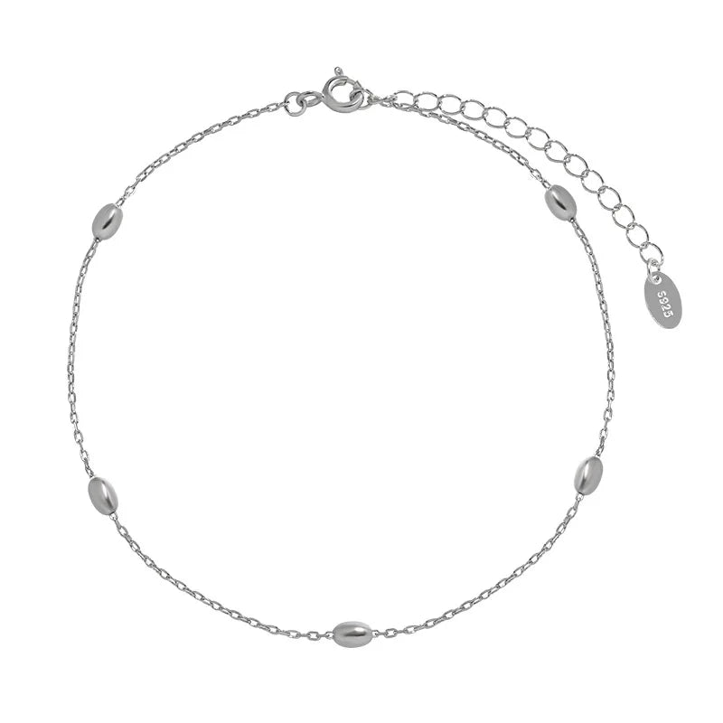 S925 Sterling Silver Oval  Beaded Anklet Oval Polishing Beaded Silver Anklet in Solid Sterling Silver Summer Fashion Jewelry