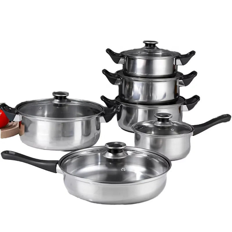 12 Pcs Stainless Steel Cooker Set Kettle Milk Soup Pot Pan Set No Stick Home Kitchen Cooking Pot Cookware Set