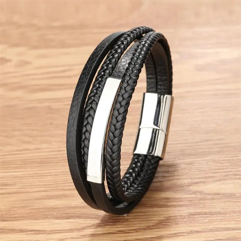 Steel Color Magnetic Buckle Stainless Steel Men's 20cm Black Braided Rope Multilayer Leather Bracelet