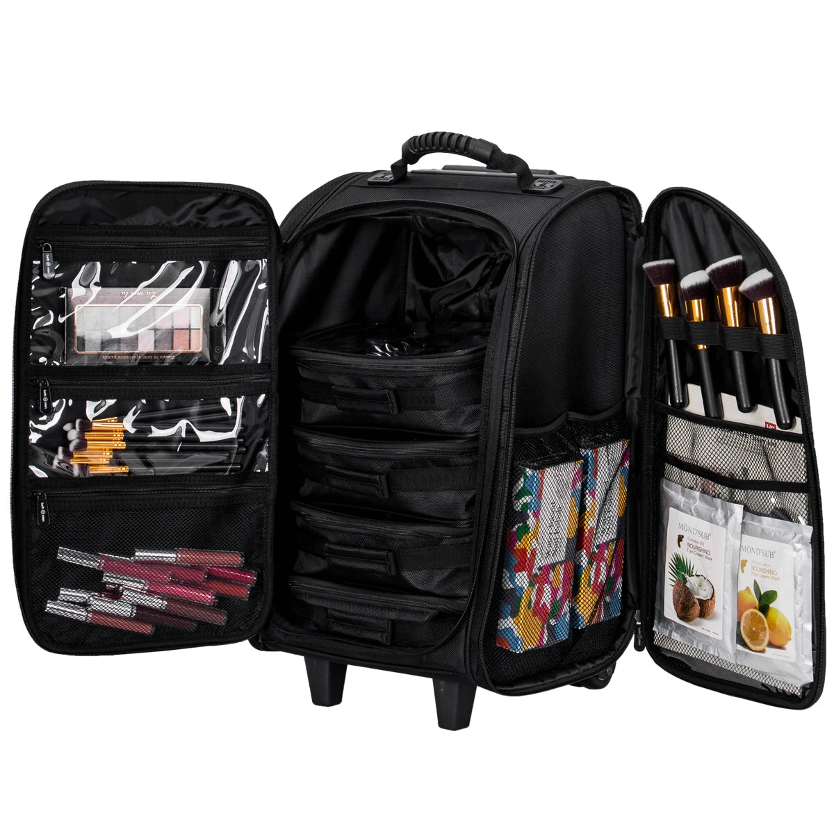 KONCAI Portable Travel Trolley Cosmetic Case Organiser Makeup Artist Train Case with Brush Holder Clear-Cover Pouches