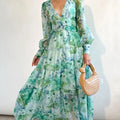 Women's New European and American Printed Long-Sleeved V-Neck Large Swing Dress