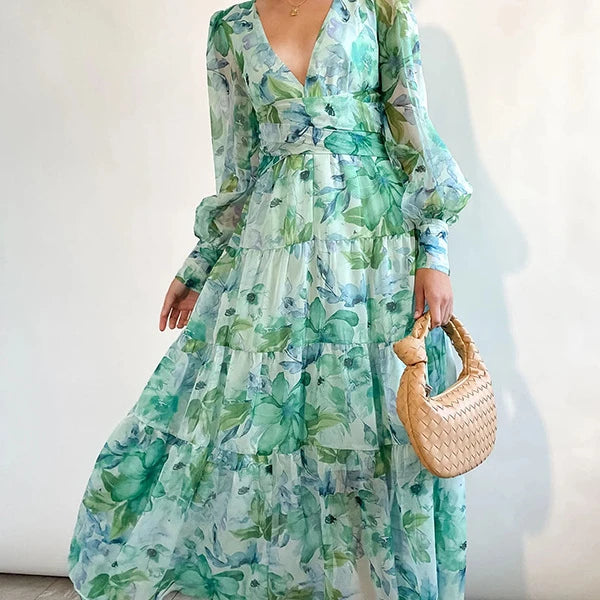 Women's New European and American Printed Long-Sleeved V-Neck Large Swing Dress