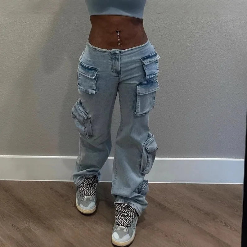 Women's High-waisted Blue Denim With Functional Pockets Straight Cargo Pants