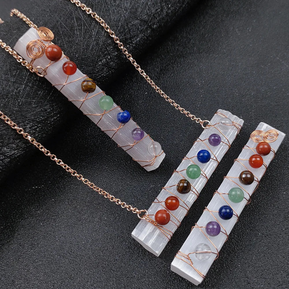 Wholesale Bulk Natural 7 Chakra Beads Wire Wrapped Raw Gemstone Polished Selenite Wand Stick with Gemstones for Meditation